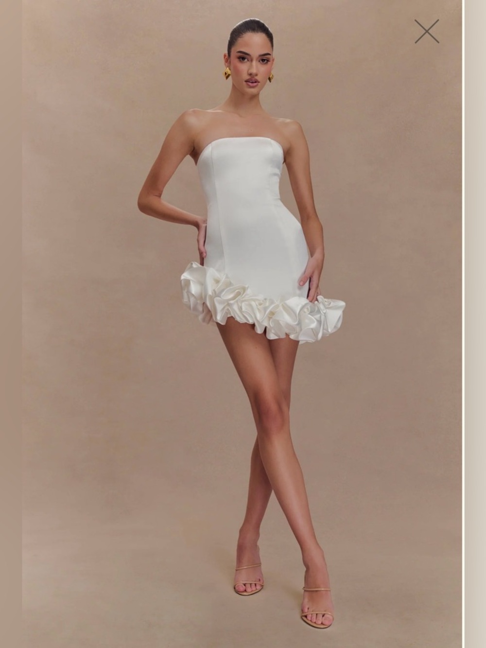 Meshki White Strapless Mini Dress with Sculpted Ruffle Hem